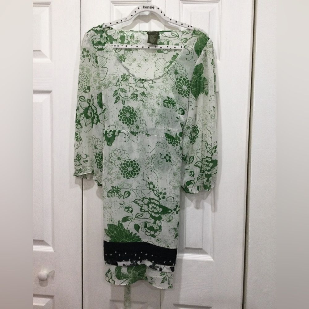Fei Anthropologie floral white/green 3/4 sleeve  tunic-dress size L - Picture 9 of 10